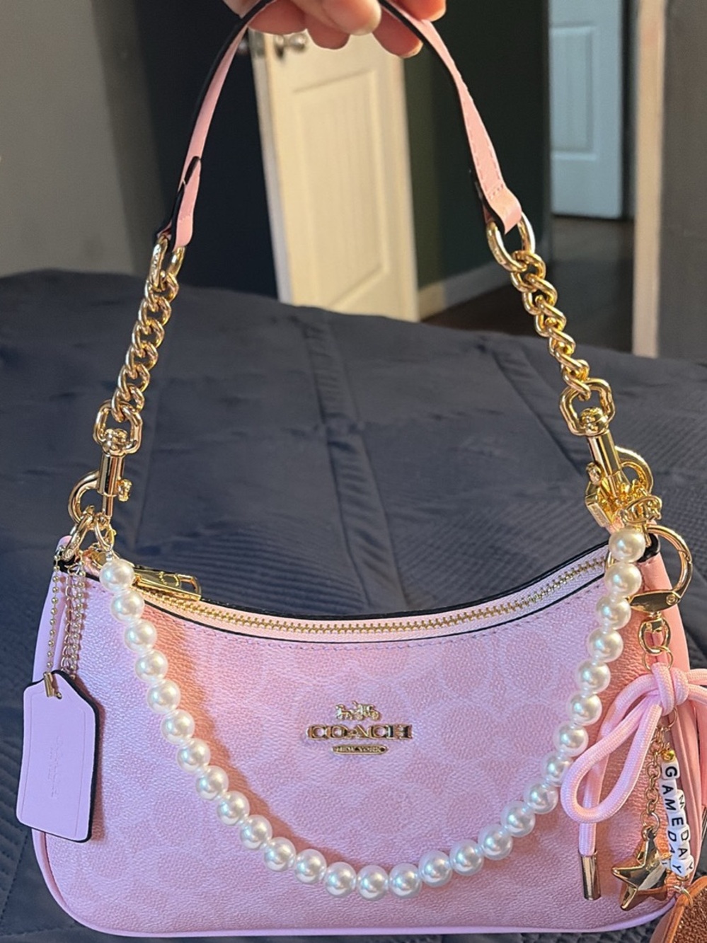 Coach Pink Pearl-Trim Shoulder Bag with Gold Hardware